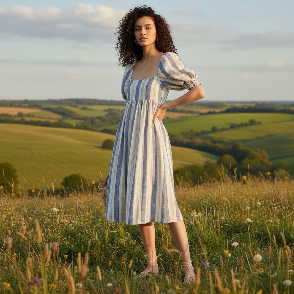 Alice + Olivia Size 4 Bauery Baby Doll Puff Sleeve Linen Blend MIDI Dress